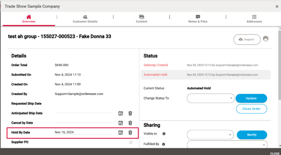 Editable hold dates - orderEase